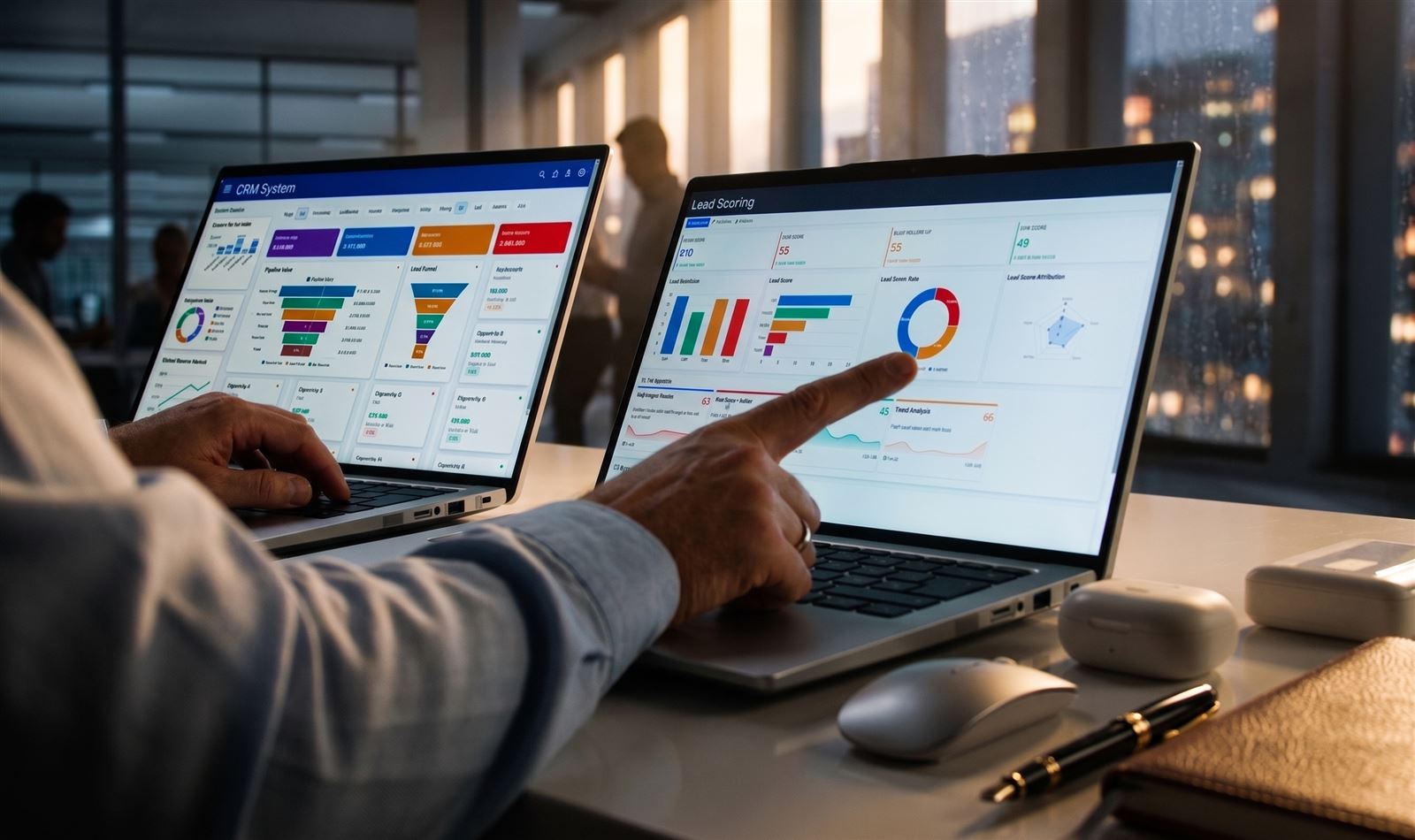 A marketer reviewing campaign performance dashboards on multiple screens
