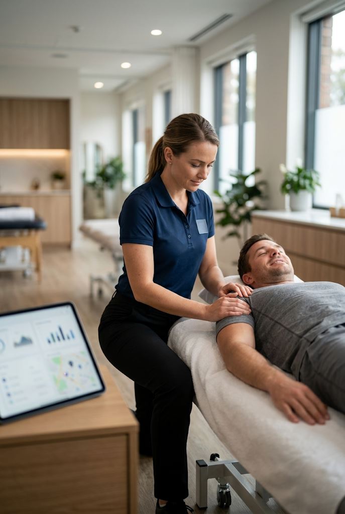 A physiotherapist treating a patient's shoulder in an Ottawa clinic