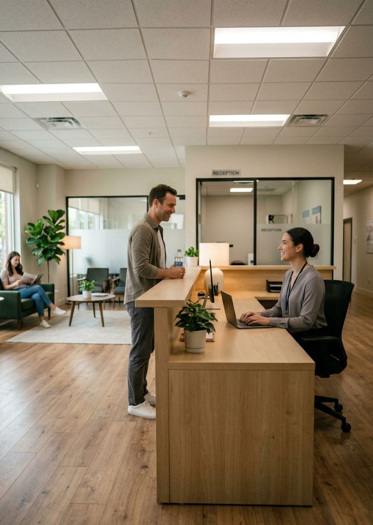 A patient checking in at a modern physiotherapy clinic reception