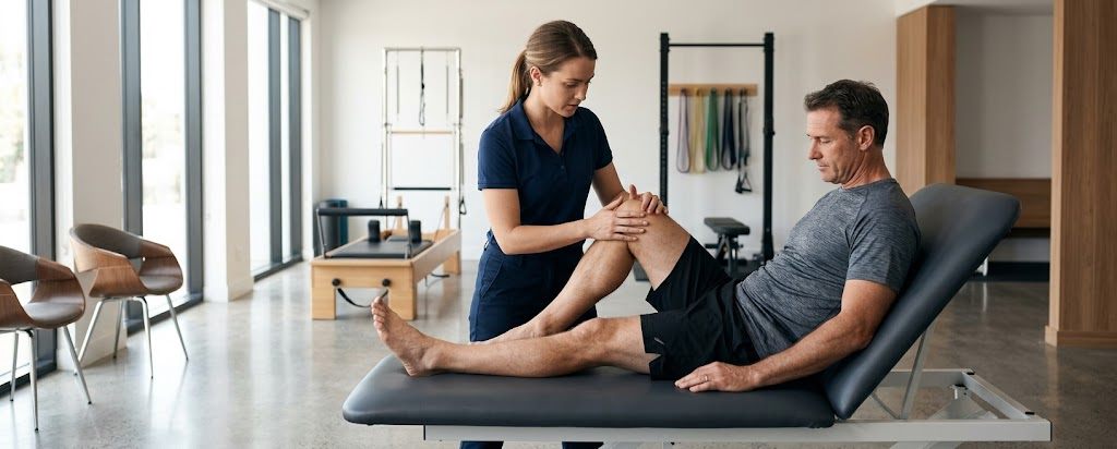 A physiotherapist assessing a patient's knee during a treatment session