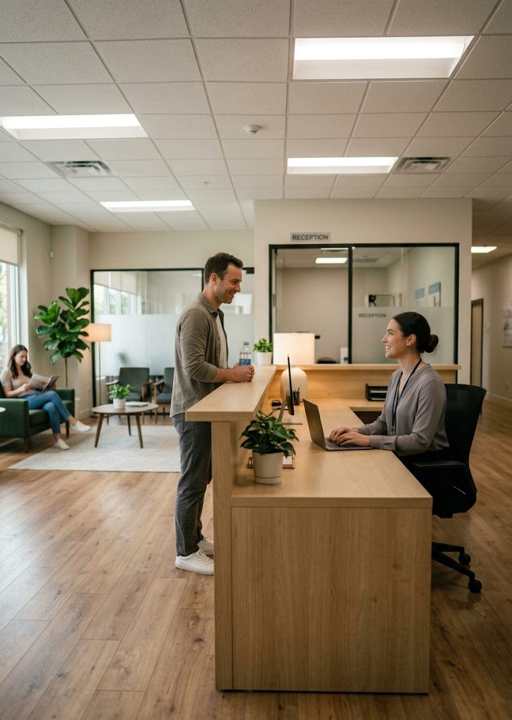 A patient checking in at a modern physiotherapy clinic reception