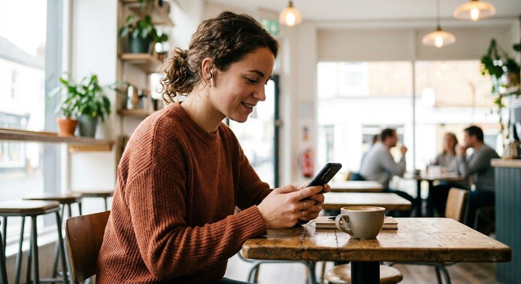 A woman comparing clinics on her phone at a cafe