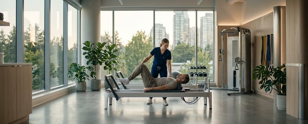 A physiotherapist guiding a patient through a reformer exercise in a bright clinic