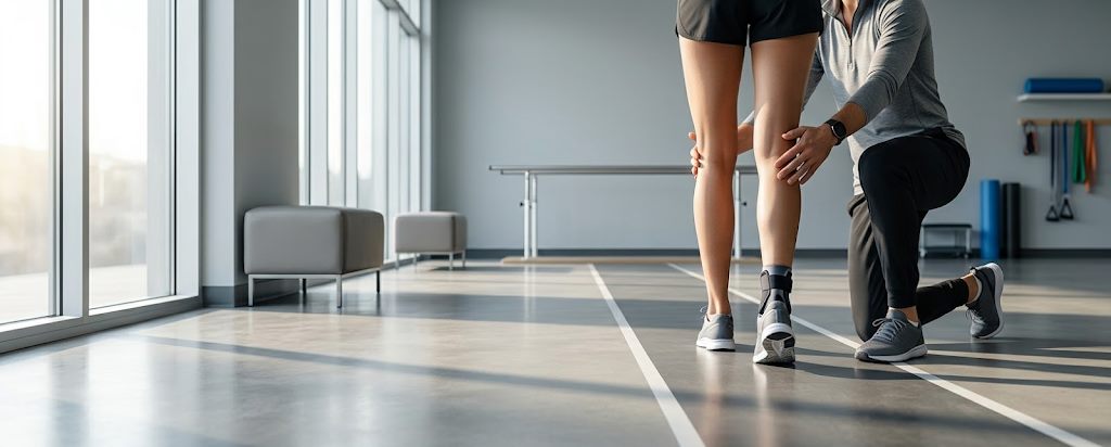 A physiotherapist guiding a patient through gait training in a bright clinic