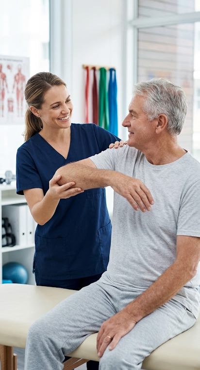 A physiotherapist assessing a patient's arm mobility in a bright clinic