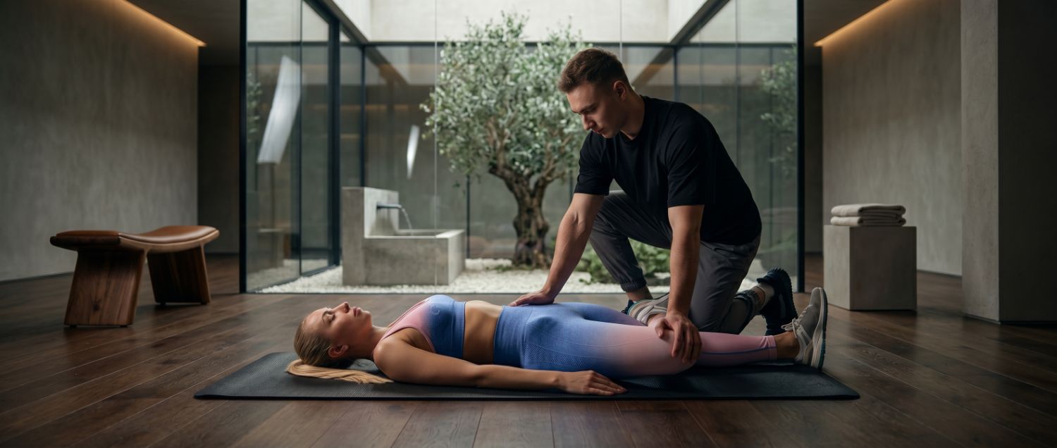 A physiotherapist guiding a patient through a floor-based mobility exercise in a calm studio